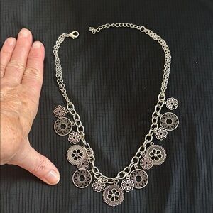 Silver Floral Disc Pendant Necklace